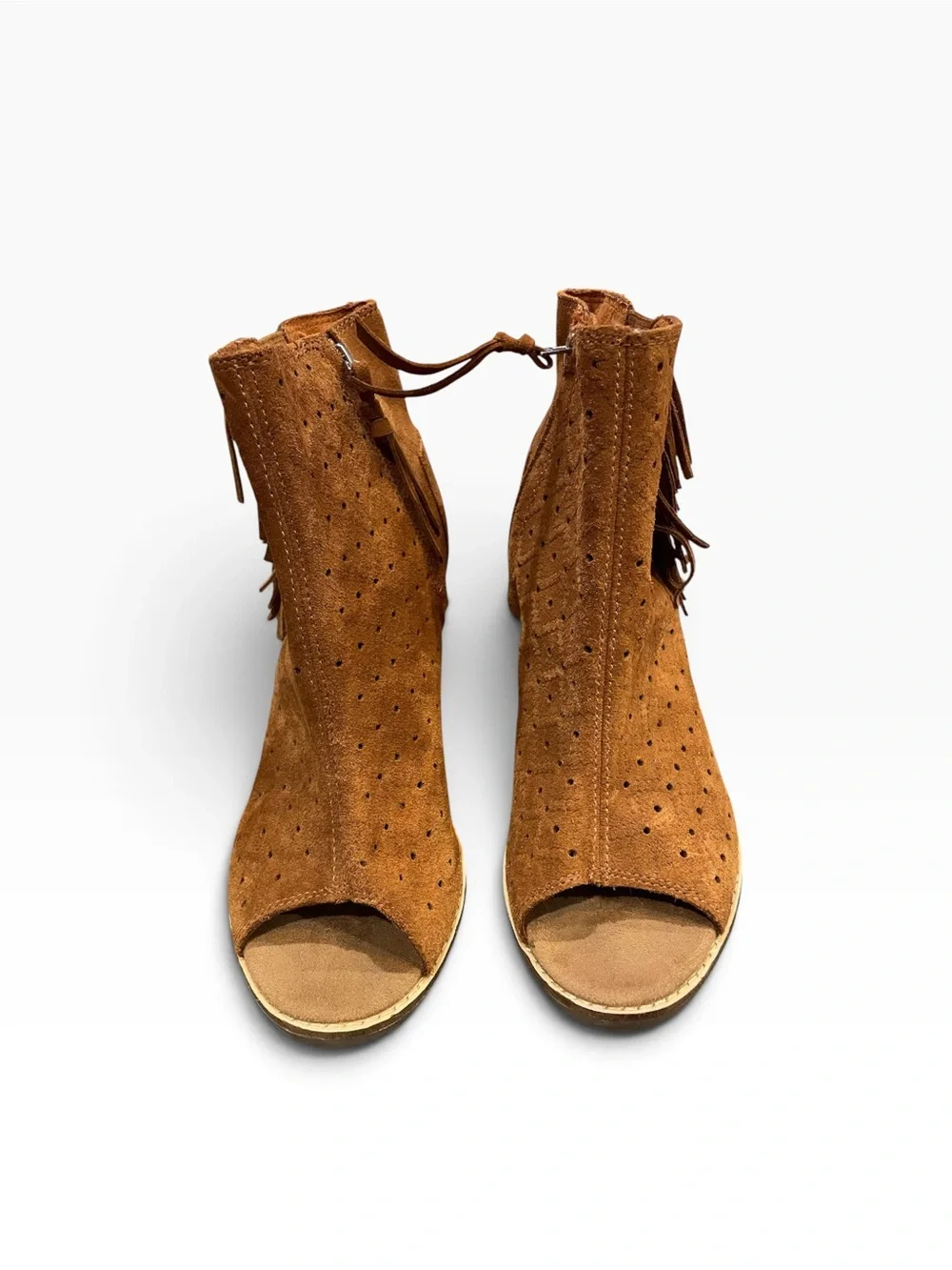 TOMS Women’s Open-Toe Fringe Suede Ankle Boots Brown Size 9.5
